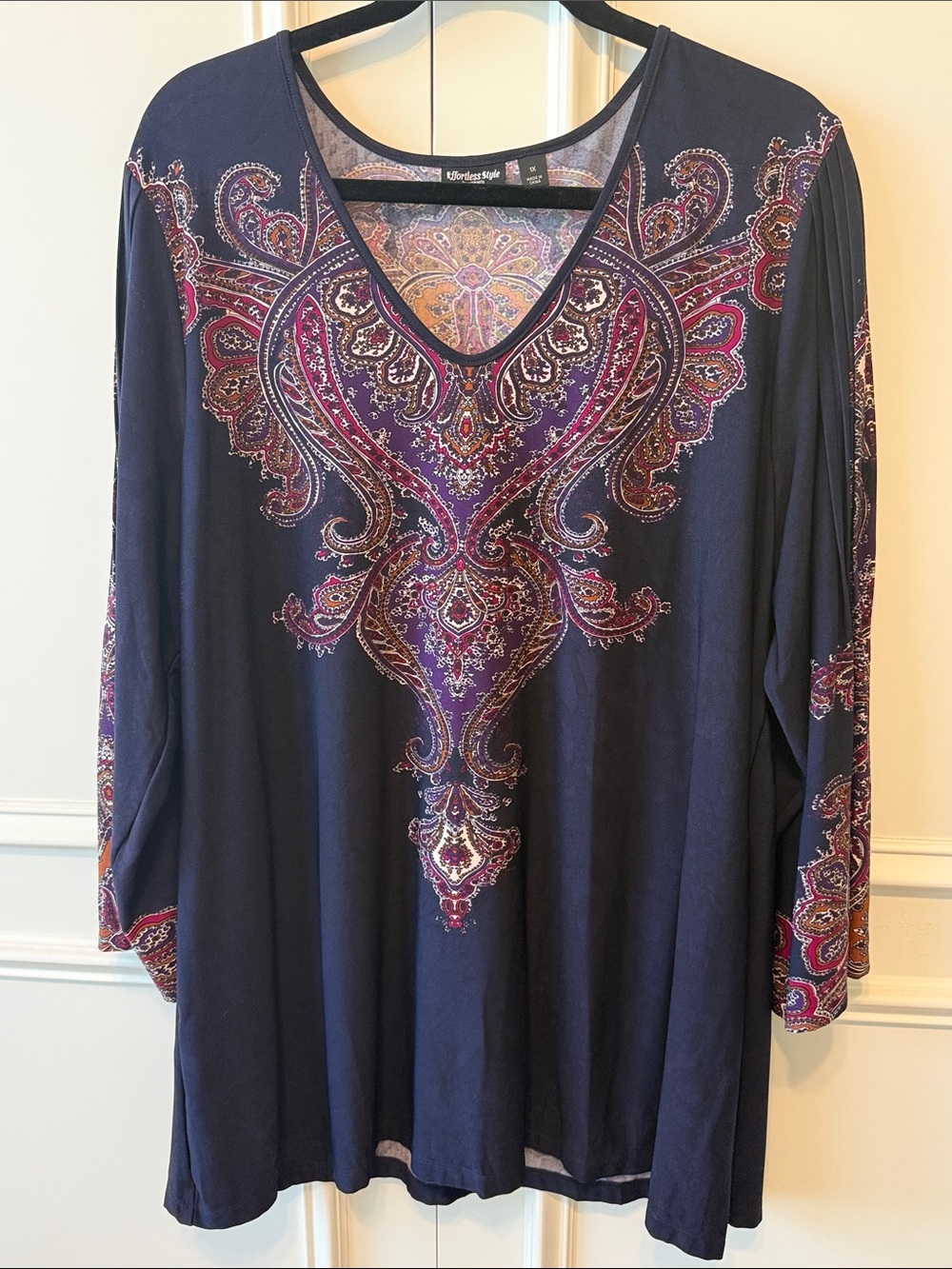 Citiknits Paisley-Print V-Neck Tunic in Navy with Pink & Purple Accents
